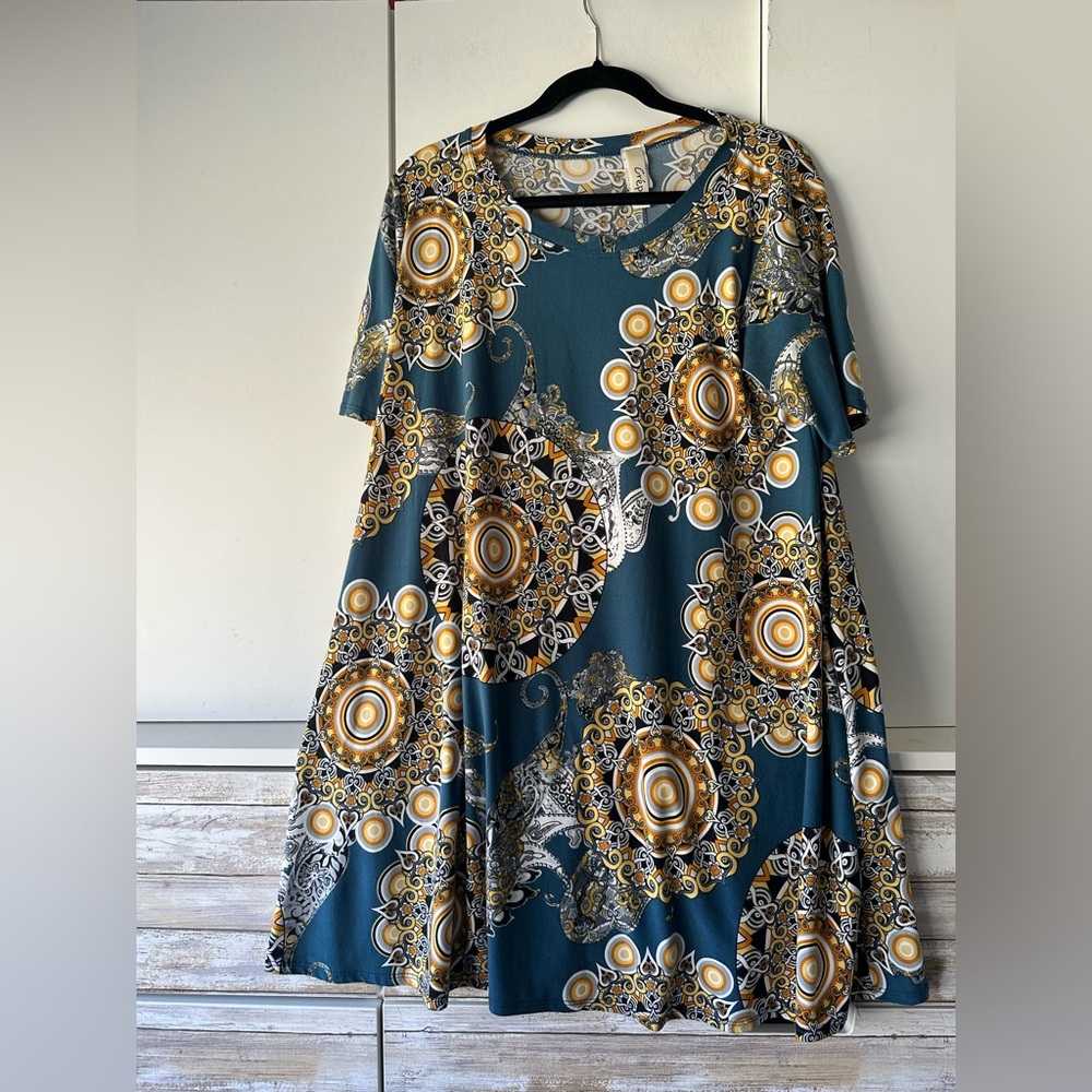 🧡 Crépas M Teal Gold Medallion Print Swing Dress Pockets Boho Stretch